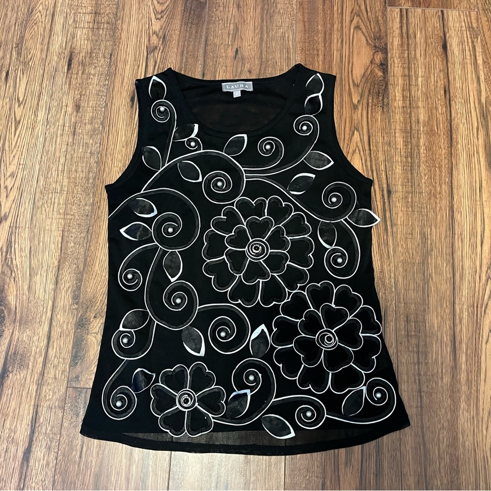 New* Black Laura Floral Sleeveless Top with Pearl Embellishments